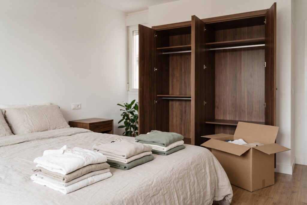 Ropa doblada separada en montones sobre una cama de lino junto a un armario vacío