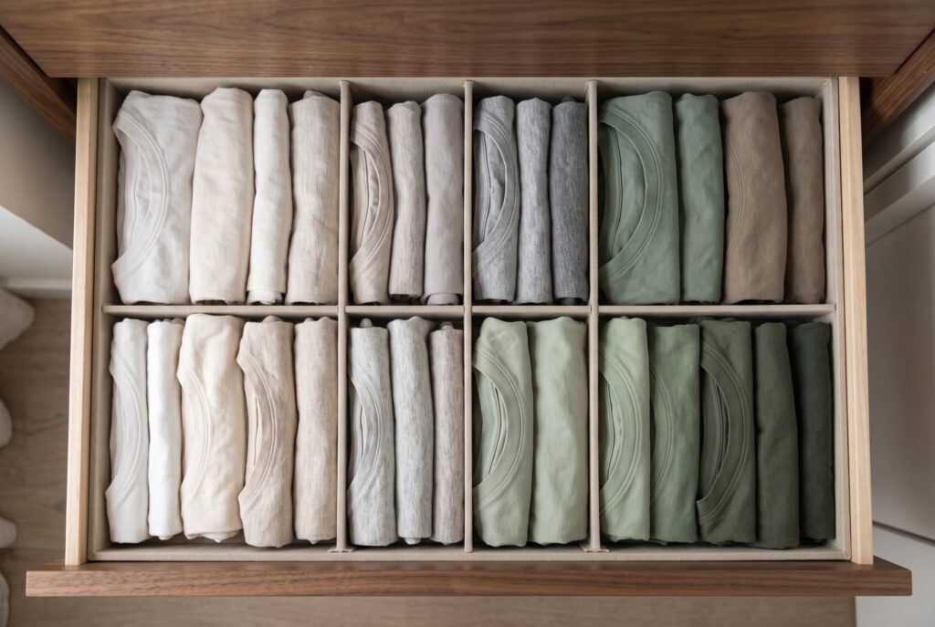 Cajón abierto con camisetas dobladas en vertical y organizadas por colores con separadores