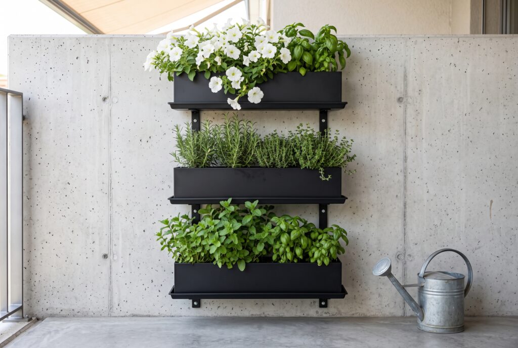 Pared de balcón con jardineras verticales de metal llenas de hierbas aromáticas y flores, sobre un suelo de concreto pulido