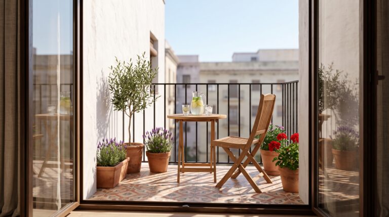Balcón pequeño de estilo mediterráneo con mesa redonda, dos sillas de teca y macetas de barro con lavanda y geranios