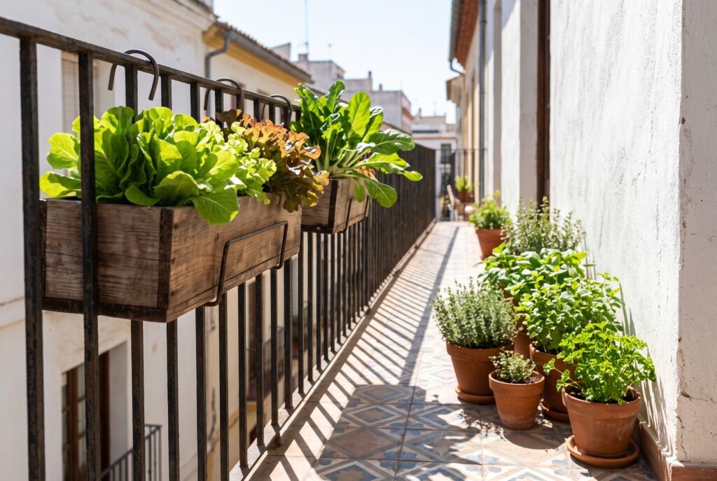 Balcón soleado con macetas de barro y jardineras de madera con lechugas, acelgas y hierbas aromáticas a pleno sol de mañana