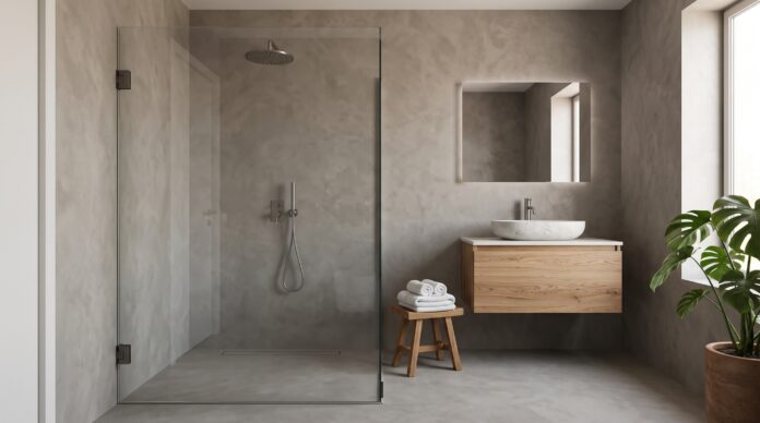 Baño pequeño de microcemento gris cálido con la ducha separada por un panel fijo de vidrio transparente y mueble de roble