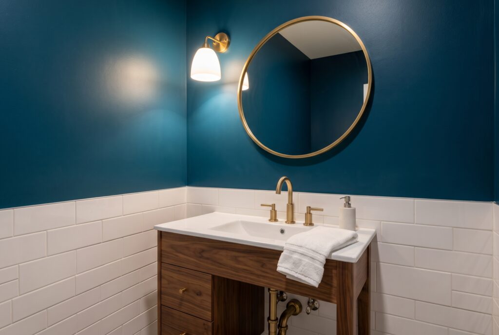 Baño pequeño pintado en azul petróleo con acabado satinado, lavabo de cerámica blanca y espejo redondo con marco de latón