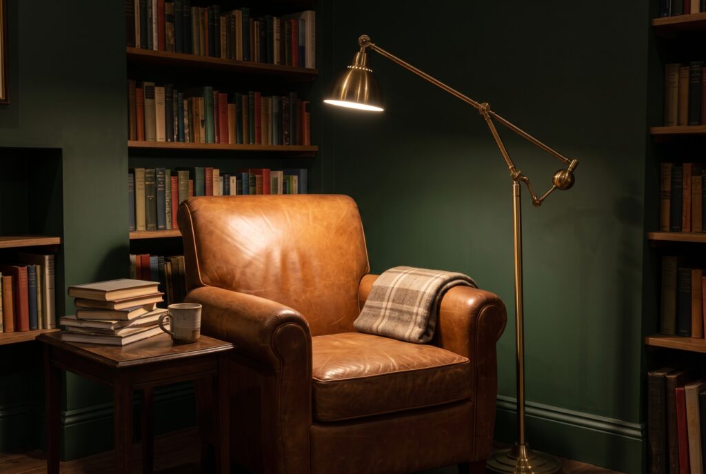 Butaca de cuero coñac con una lámpara de pie de lectura articulada en latón encendida y una mesita con libros, en una sala con paredes verde oscuro