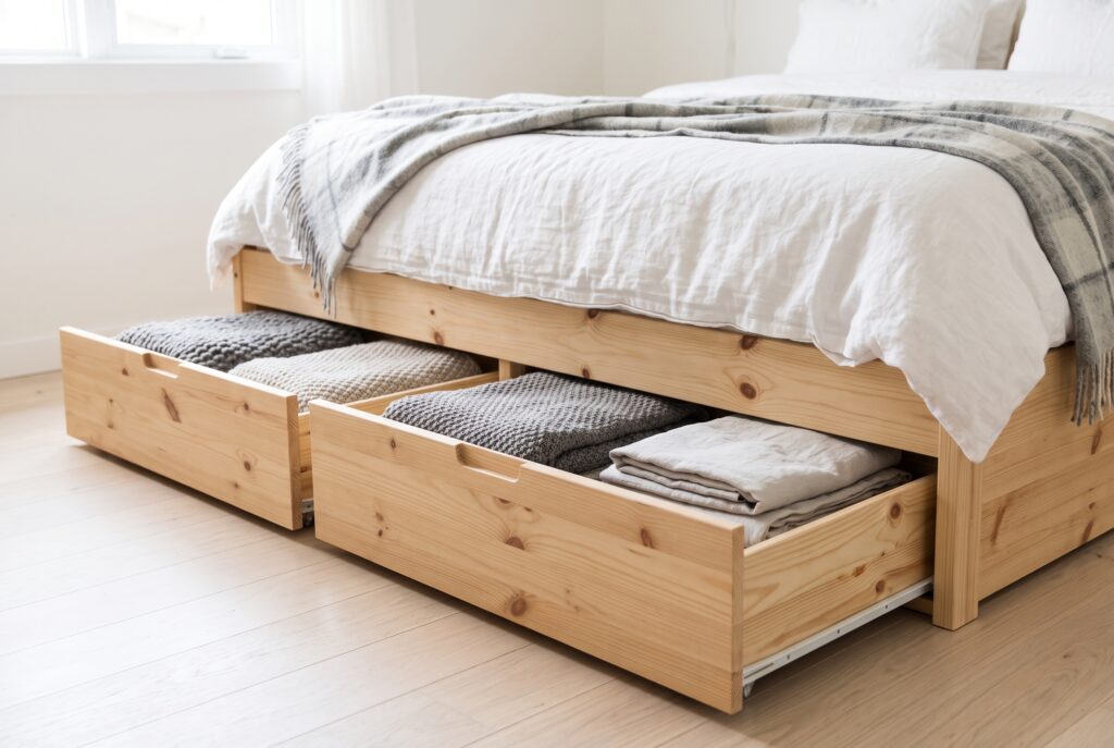 Cama de madera clara con dos cajones grandes abiertos debajo que guardan mantas y ropa de cama doblada, en un dormitorio nórdico luminoso
