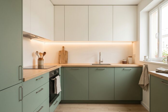 Cocina pequeña en L con muebles verde salvia, muebles altos blancos hasta el techo y encimera de madera despejada