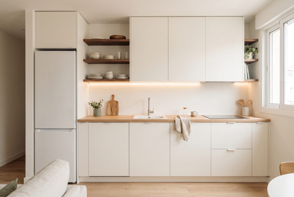 Cocina lineal pequeña en una sola pared con muebles blancos, encimera de madera y estantes abiertos