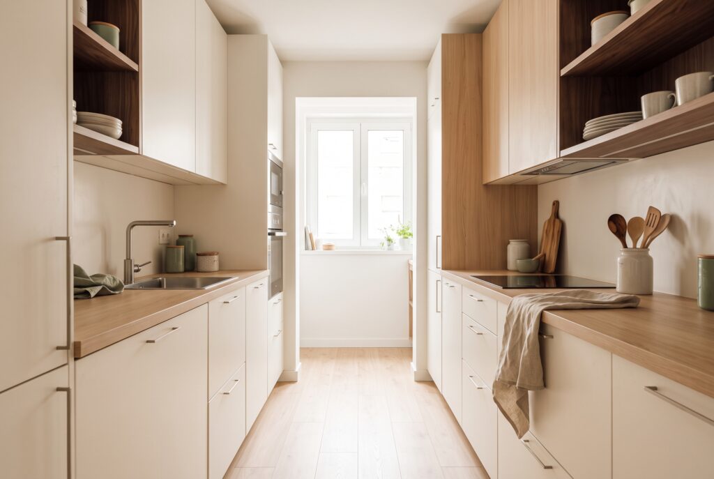Cocina en paralelo estrecha con dos frentes de muebles enfrentados y un pasillo despejado entre ellos