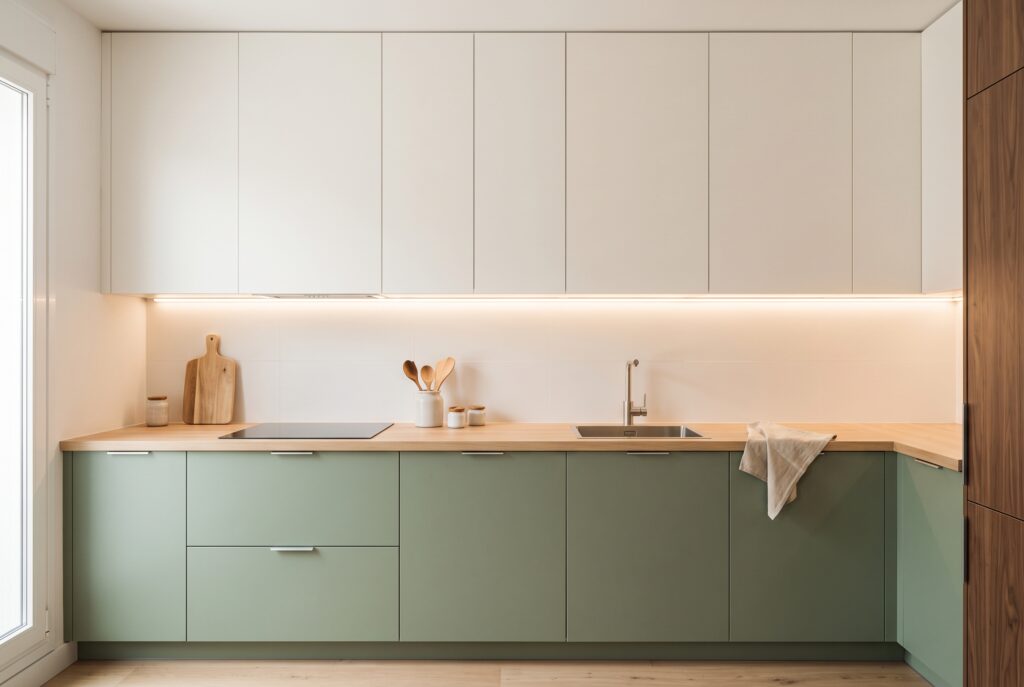 Cocina pequeña con muebles altos blancos que llegan hasta el techo y encimera de madera clara
