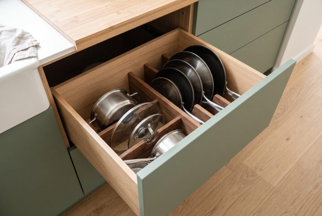 Cajón profundo de cocina abierto con ollas y sartenes ordenadas y separadores de madera