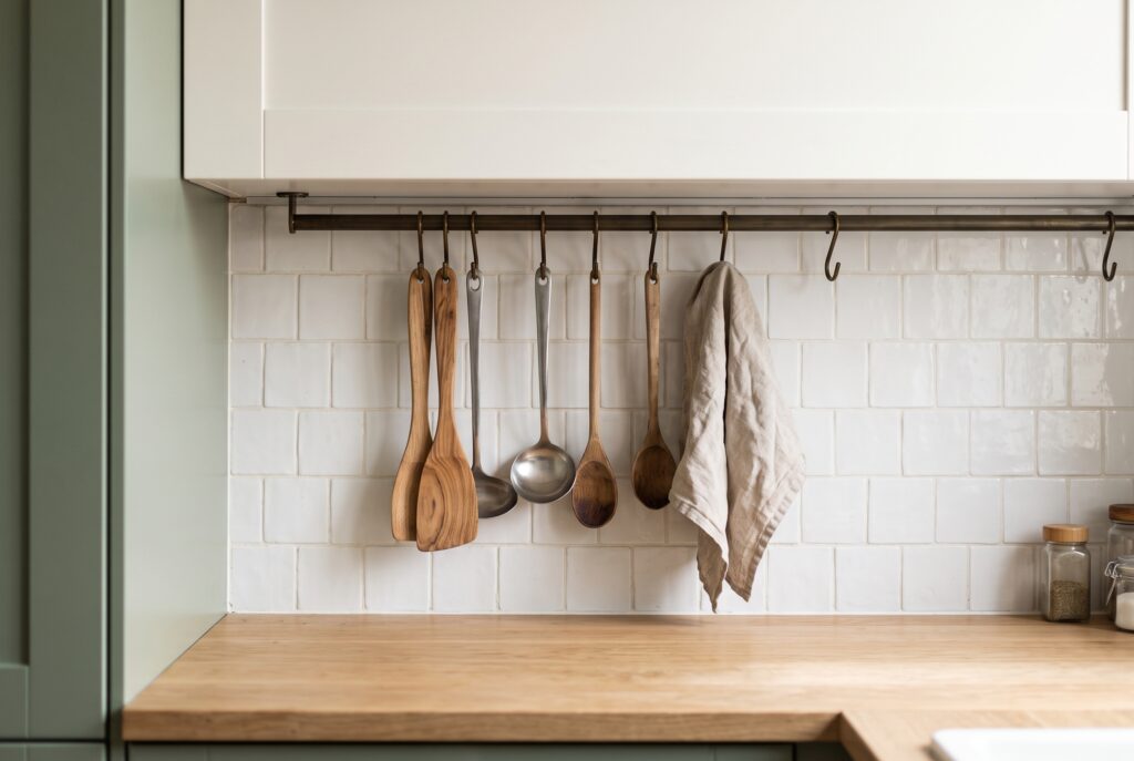 Barra metálica con ganchos y utensilios de cocina colgados bajo un mueble alto, sobre una encimera despejada