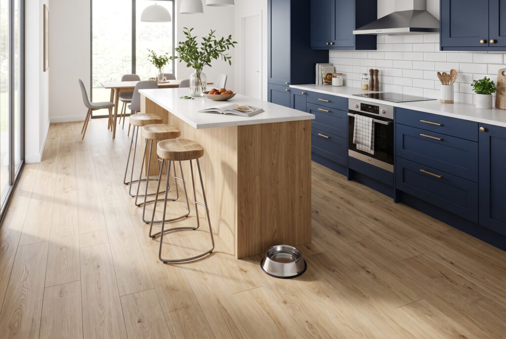 Cocina abierta con piso de vinilo efecto madera de roble claro, muebles bajos azul marino y una isla de madera con taburetes