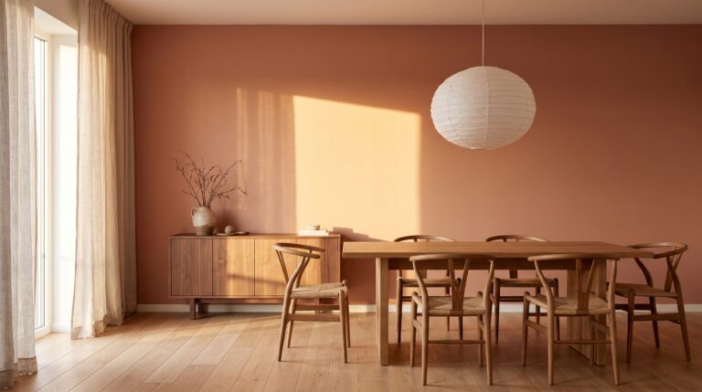 Comedor con paredes terracota, mesa de roble y sol de tarde que ilumina parte de la pared