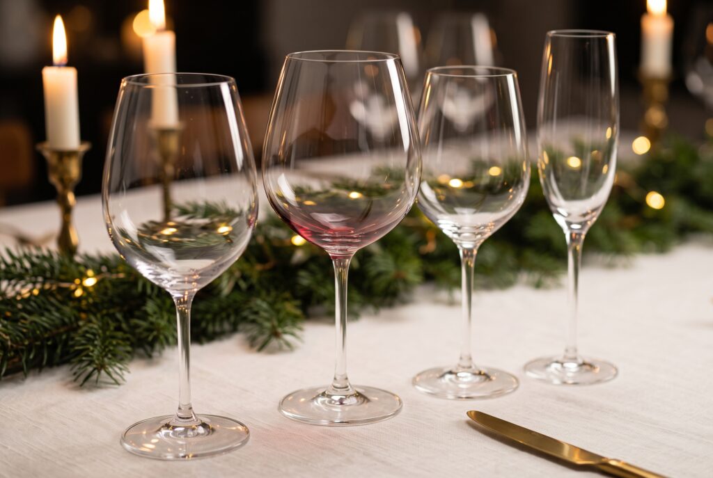 Fila de copas de cristal de agua, vino tinto, vino blanco y champán sobre un mantel de lino, con luz de velas al fondo