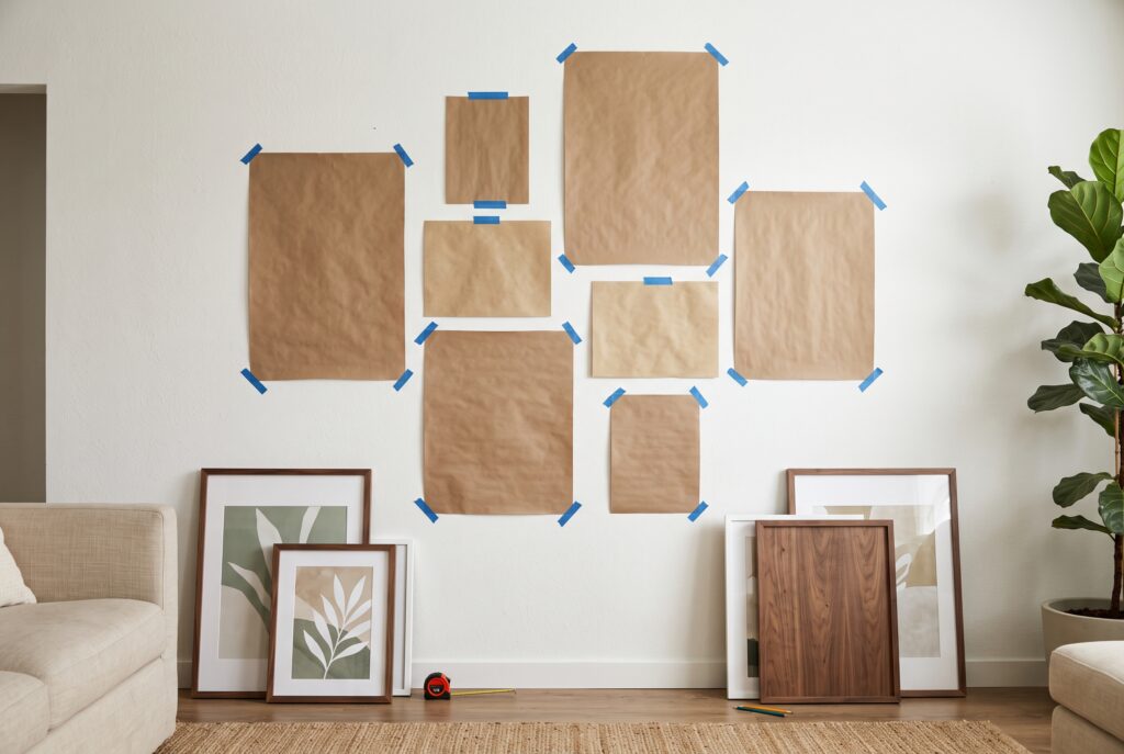 Plantillas de papel kraft pegadas con cinta de pintor en una pared, simulando una composición de cuadros