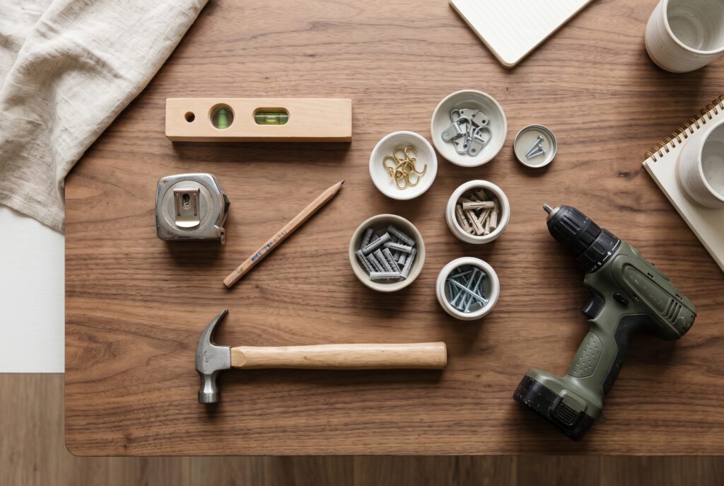Herramientas para colgar cuadros sobre una mesa de madera: nivel, cinta métrica, lápiz, ganchos y tacos