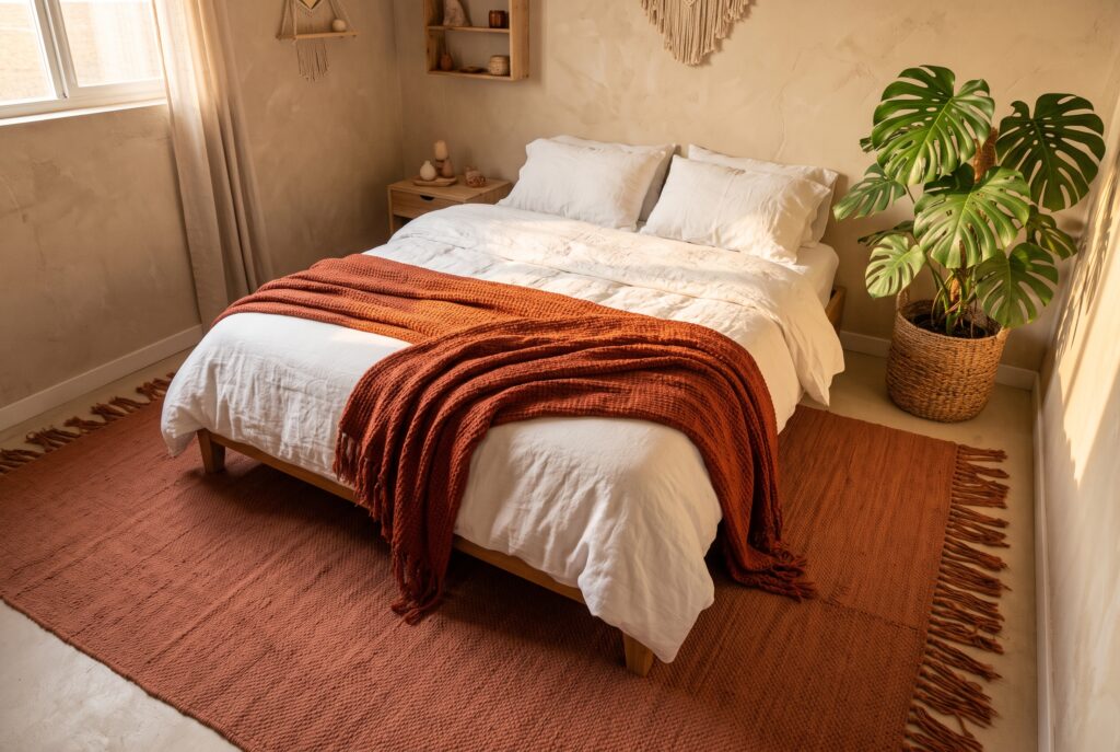 Dormitorio de estilo boho con una alfombra de lana color terracota que sobresale a los lados de la cama, ropa de cama de lino blanco y una planta grande en un rincón