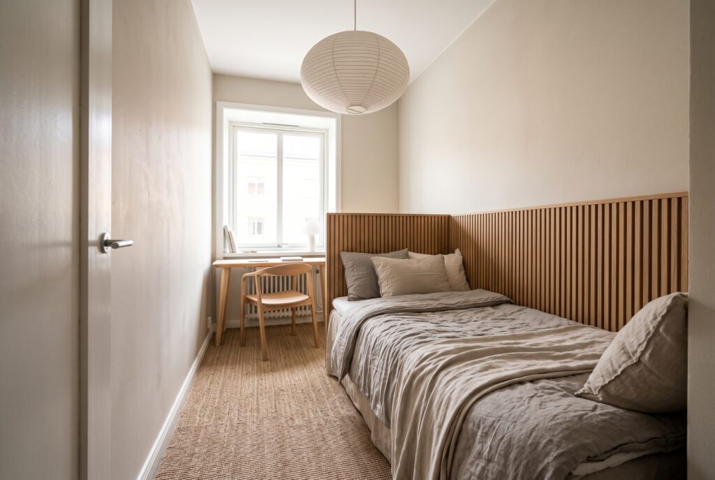 Dormitorio estrecho de estilo japandi con una cama individual apoyada en la esquina, cabecero de madera que continúa por la pared lateral y un escritorio bajo la ventana