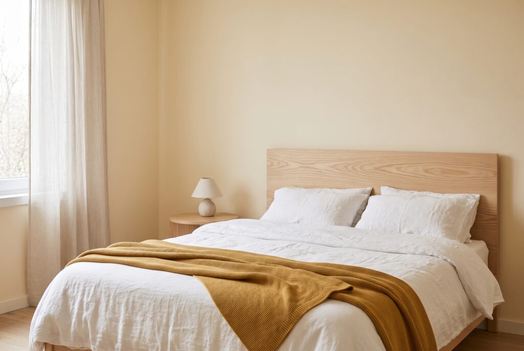 Dormitorio con luz suave e indirecta pintado en un ocre cálido muy claro, con cama de lino blanco y cabecero de madera