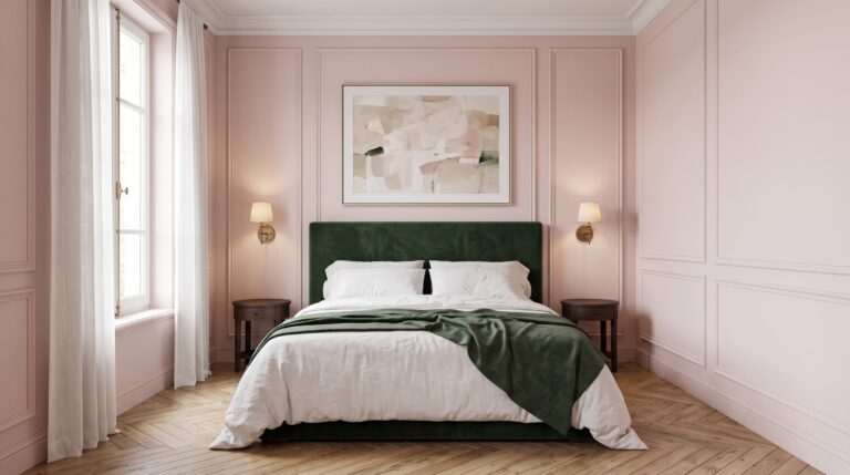 Dormitorio pequeño con paredes rosa empolvado, cama con cabecero de terciopelo verde, mesillas redondas y apliques de latón