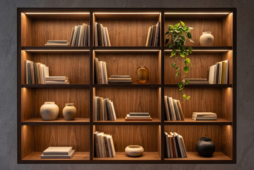 Estantería empotrada de madera de nogal con tiras LED cálidas ocultas bajo cada balda iluminando libros y piezas de cerámica