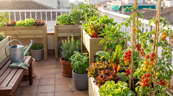 Huerto en macetas en una azotea con tomates cherry en tutores, lechugas, acelgas y hierbas aromáticas al sol de la mañana
