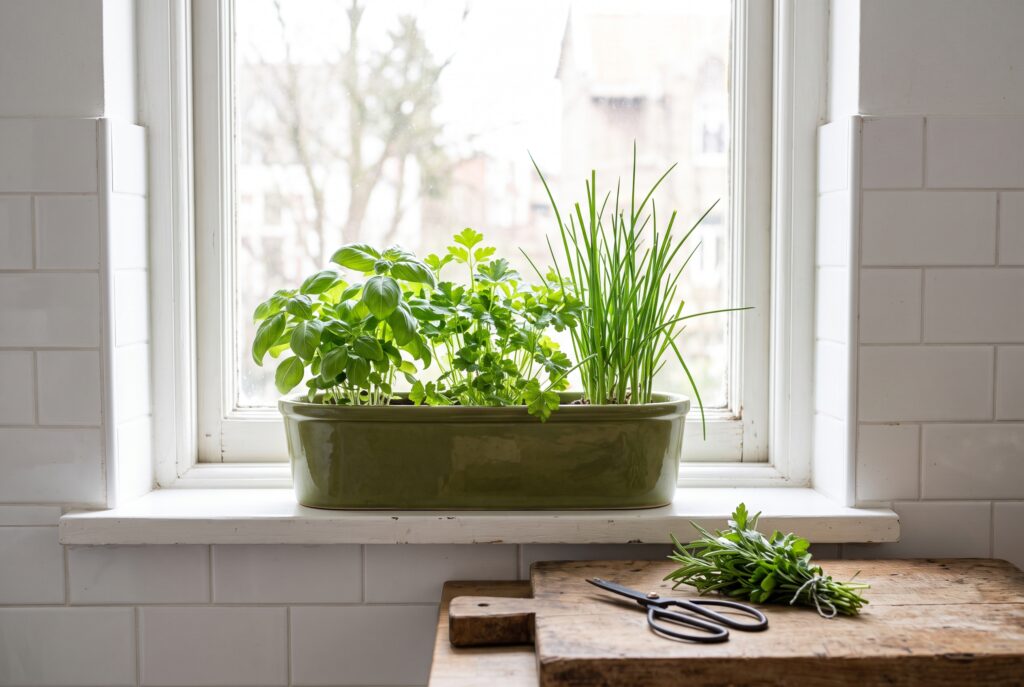 Ventana de cocina con una jardinera de hierbas aromáticas de albahaca, perejil y cebollino recién cortados sobre el alféizar