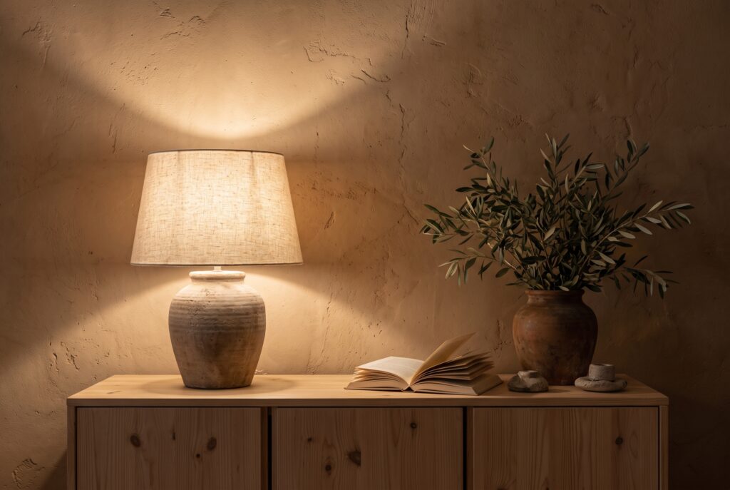 Rincón de sala de noche con una lámpara de mesa de cerámica de pantalla de lino encendida que da una luz cálida sobre una pared de estuco color arcilla