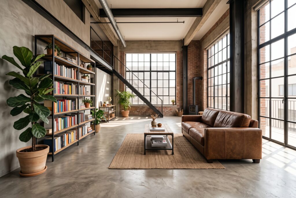 Loft luminoso con piso continuo de microcemento gris cálido, sofá de cuero marrón, estantería de metal negro y grandes ventanales