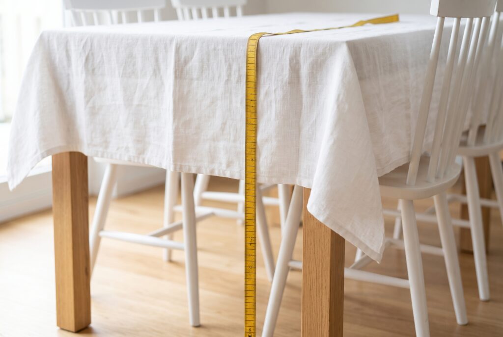 Mantel de lino blanco sobre una mesa de comedor de madera con una cinta métrica midiendo la caída lateral