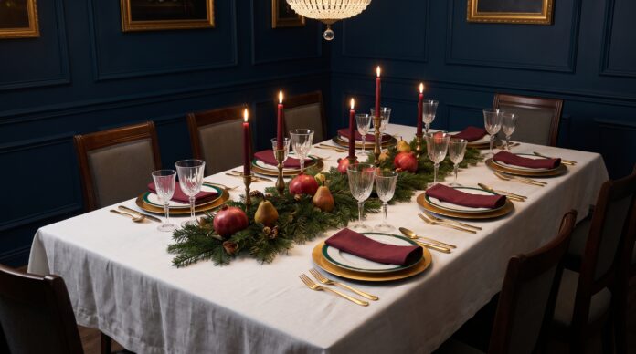 Mesa de Navidad para seis con mantel blanco, vajilla con borde verde esmeralda, cubiertos dorados, servilletas burdeos y velas encendidas