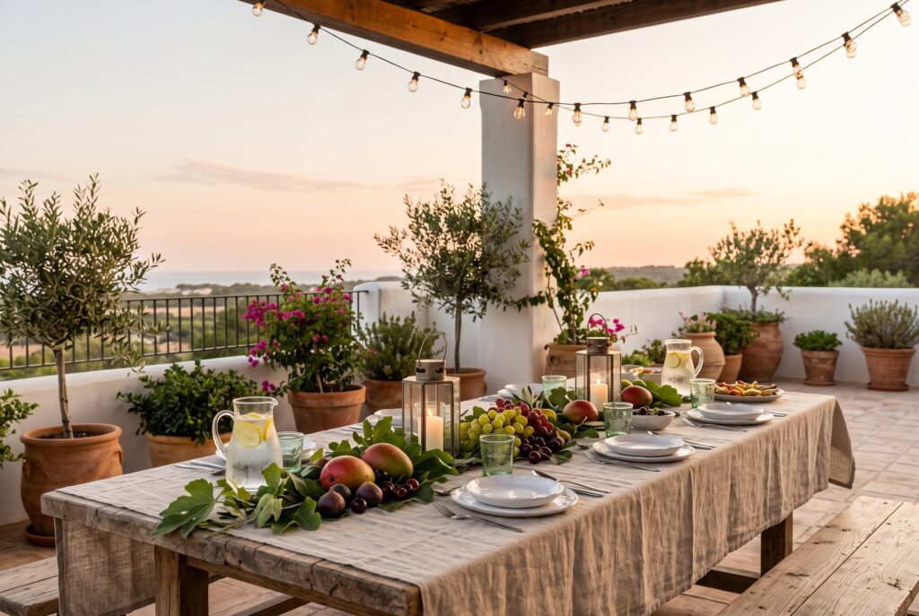 Mesa de Navidad de verano en una terraza al atardecer, con mantel de lino crudo, frutas frescas en el centro, jarras de agua con hielo y faroles