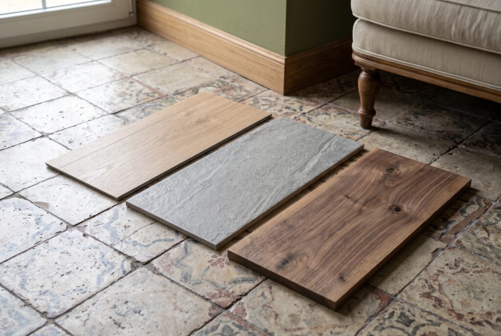 Tres muestras de piso, de vinilo, porcelanato y madera, sobre un piso existente junto a la pata de un sofá y una pared pintada, con luz natural