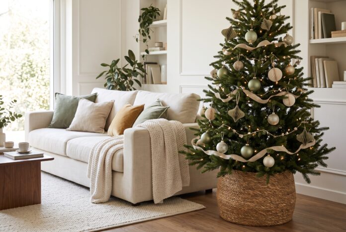Árbol de Navidad decorado en verde salvia, blanco y dorado con la base en un cesto de fibra junto a un sofá de lin