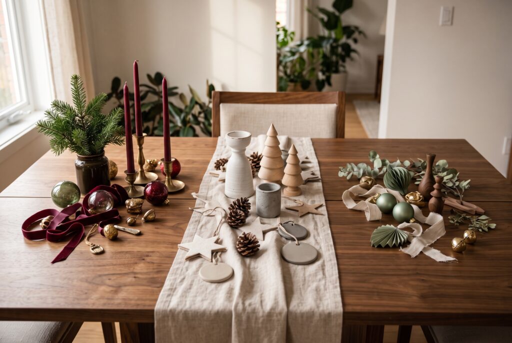 Adornos navideños agrupados en tres paletas de colores sobre una mesa de madera