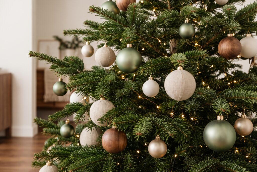 Detalle de un árbol con bolas de tres tamaños y luces cálidas entre las ramas