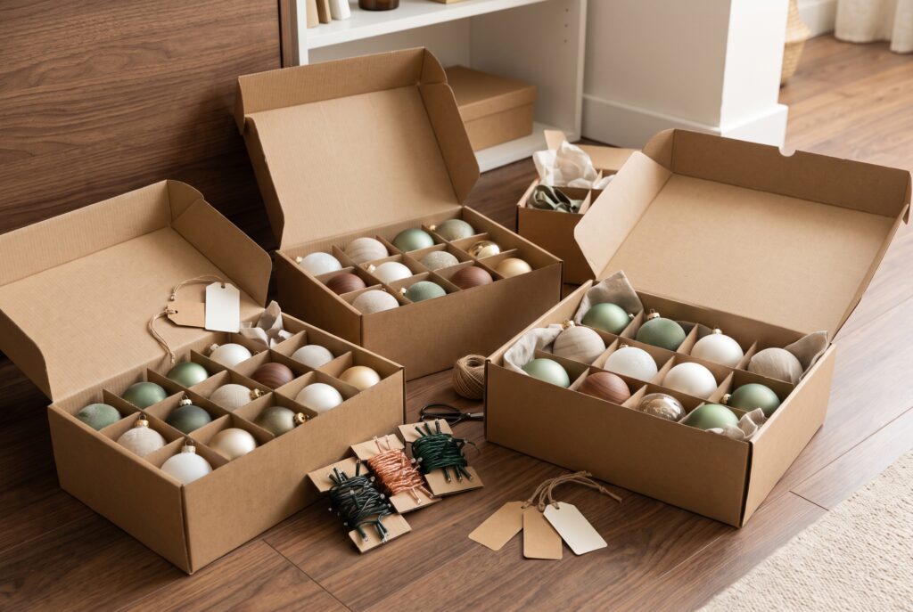 Bolas de Navidad ordenadas por colores en cajas con separadores y luces enrolladas en cartón
