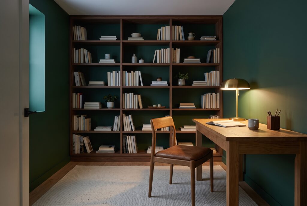 Oficina en casa con paredes verde bosque, escritorio de roble y una estantería de nogal llena de libros con luz de lámpara cálida