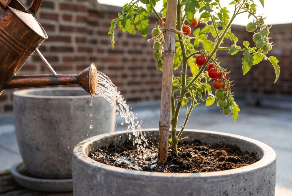 Riego de una maceta de tomate cherry con una regadera de cobre junto a la base de la planta, en una azotea con macetas de concreto