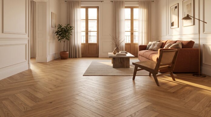 Sala con piso de madera de roble en espiga iluminado por el sol de la tarde, sofá terracota y butaca de rejilla